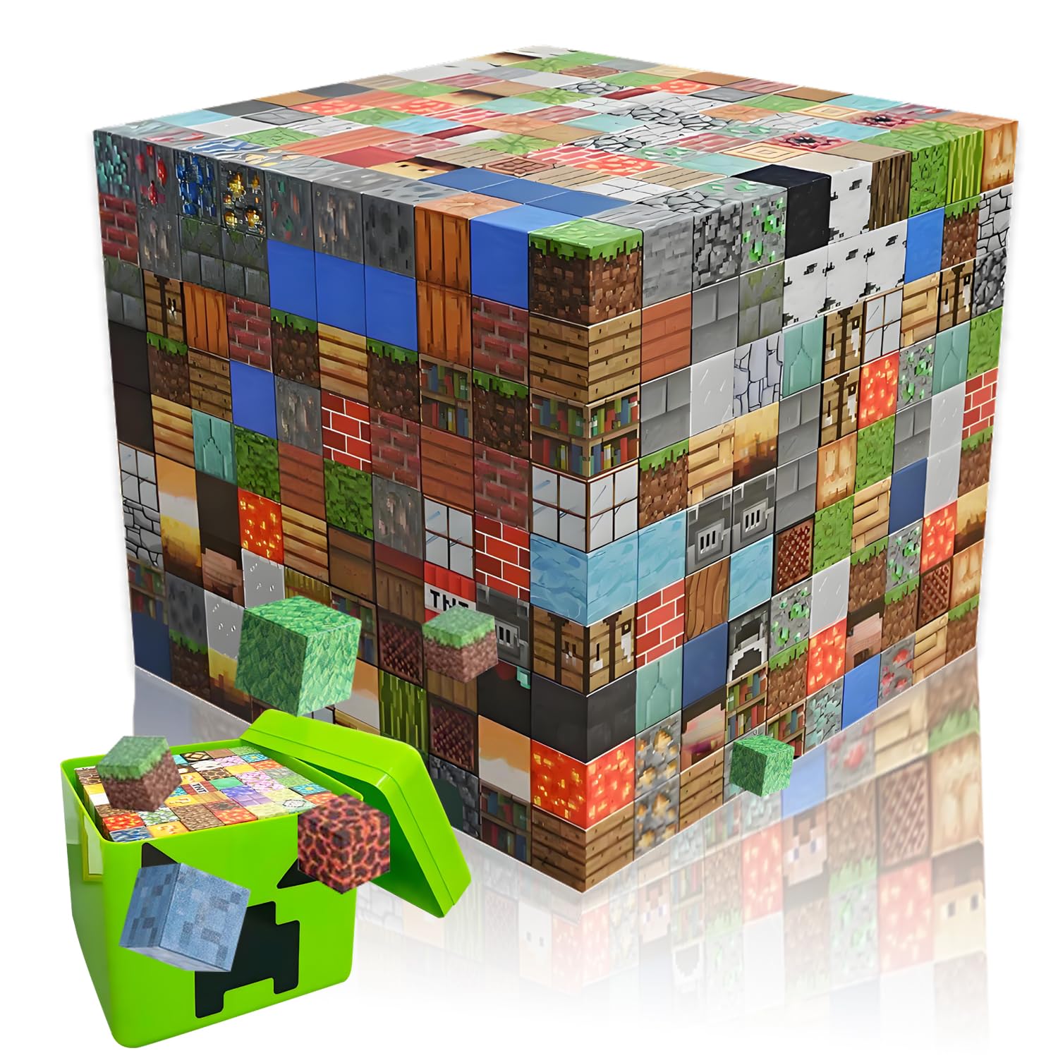 SUANES 210-Piece Magnetic Building Blocks with 10 Mini Figures and an Exquisite Creeper Storage Box, DIY Magnetic Building Blocks, Board Game for