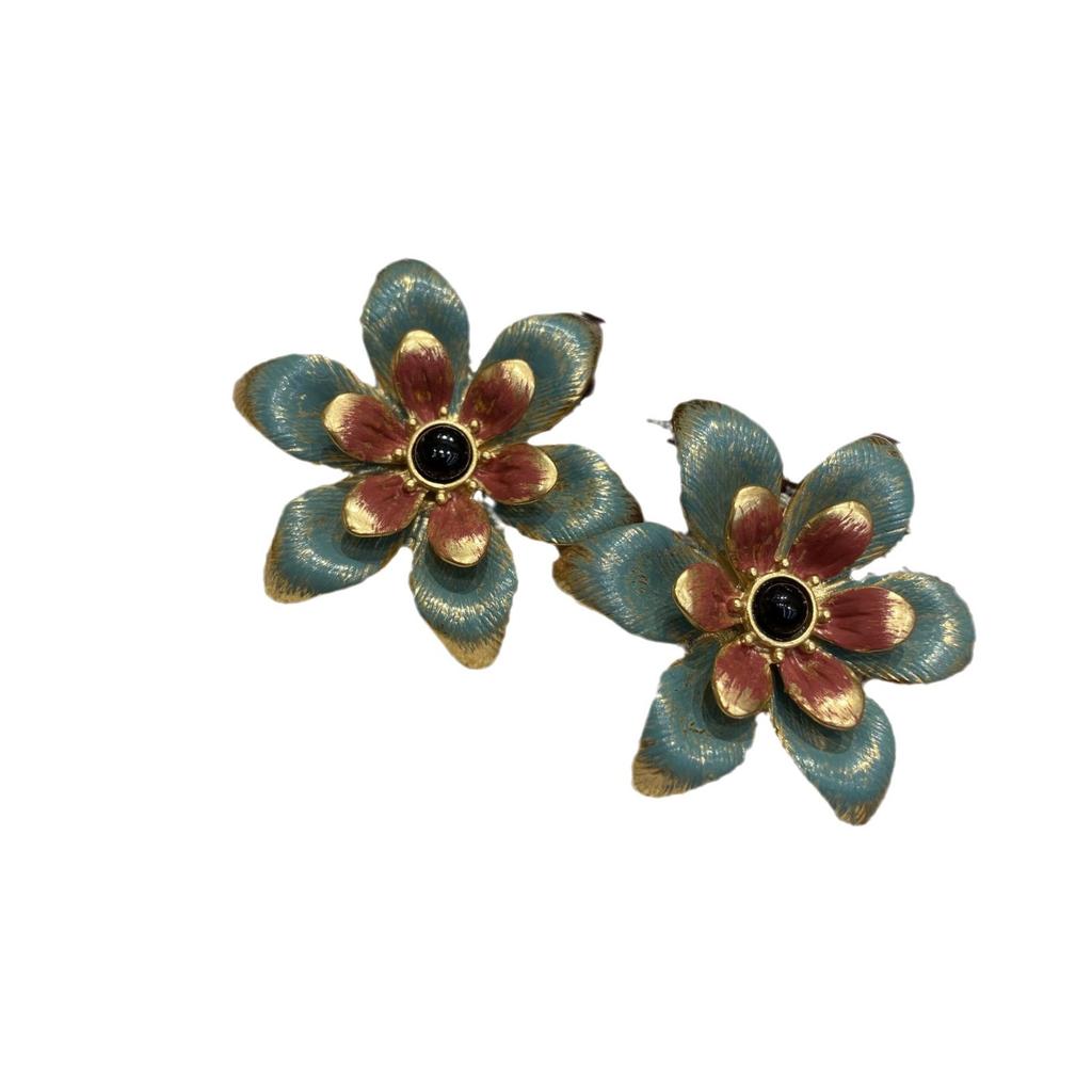 [Patek Baoli] The Same Medieval Color Oil Painting Enamel Golden Sand Hand-Painted Flower Stud Earrings Three-Dimensional Flower Earrings