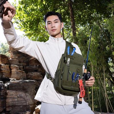 Men's Waterproof Crossbody Fishing Sling Bag with Rod Holder