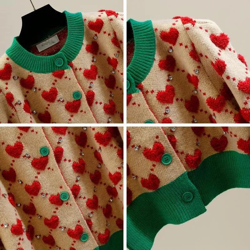 Srdíčkový kostkovaný viskózový vlněný silný O-výstřih vintage pletený dámský kardigan svetr jednořadé zapínání krátký kardigan pro ženy