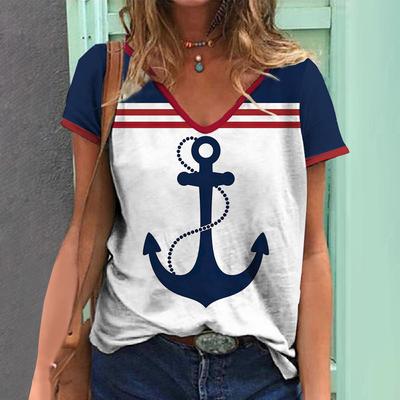 Camisetas con estampado de ancla de barco para mujer, top de manga corta, estilo informal, cuello redondo, talla grande, ropa femenina