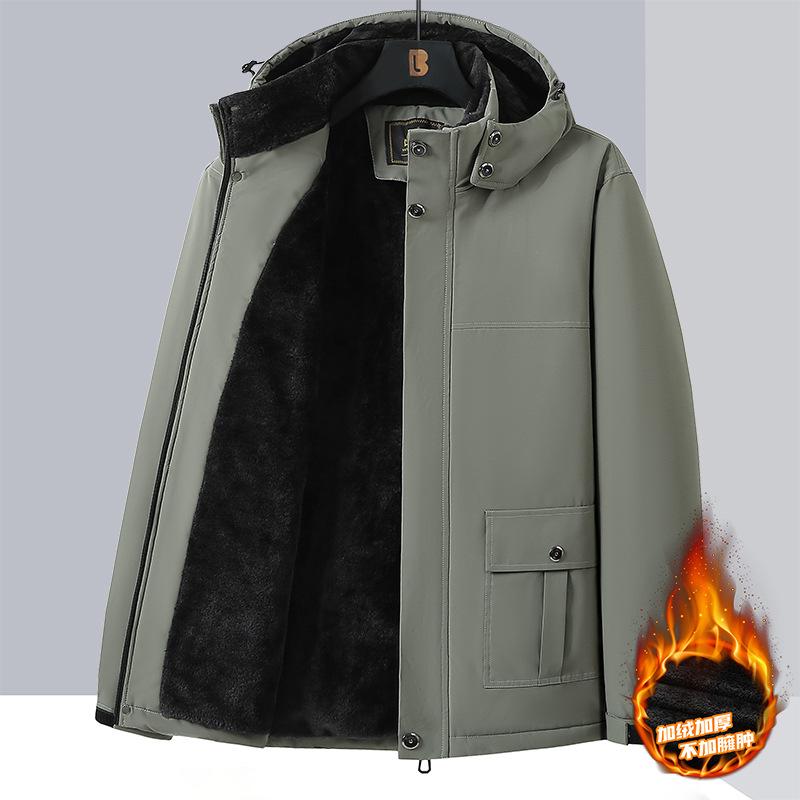 Men Hooded Fleece Lined Thick Jacket Solid Color Casual Outdoor Winter Coat