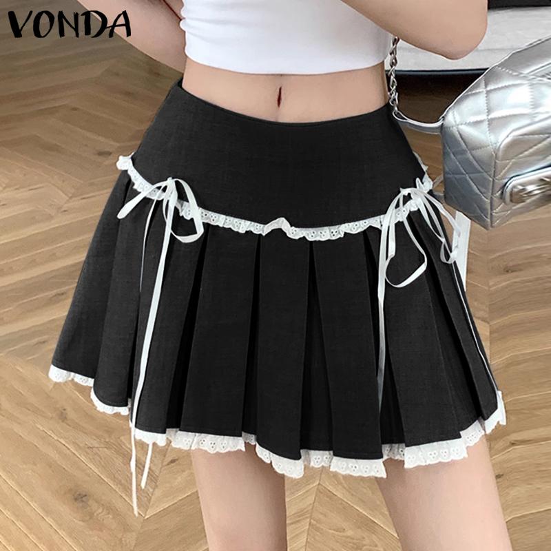 

VONDA Women Zip-up Waist Bow Knot Solid Color Mini Pleated Skirts 5XL рожевий