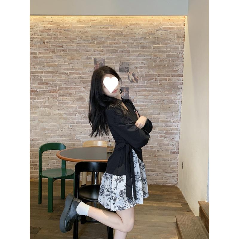 2024 Autumn French Ink Floral Patchwork Slimming Long-Sleeve Dress