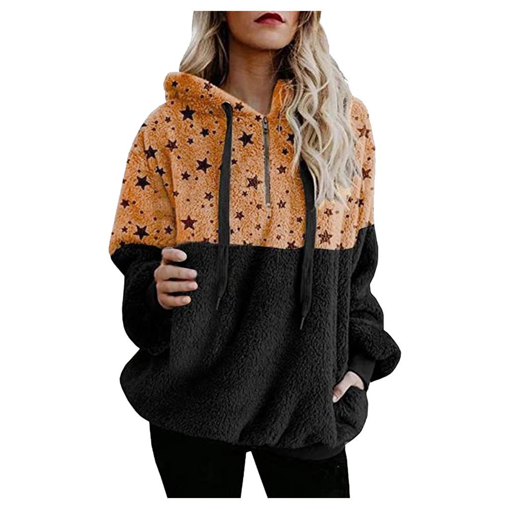 Women Plus Size Hooded Sweatshirt Star Winter Warm Zipper Pockets Coat Outwear