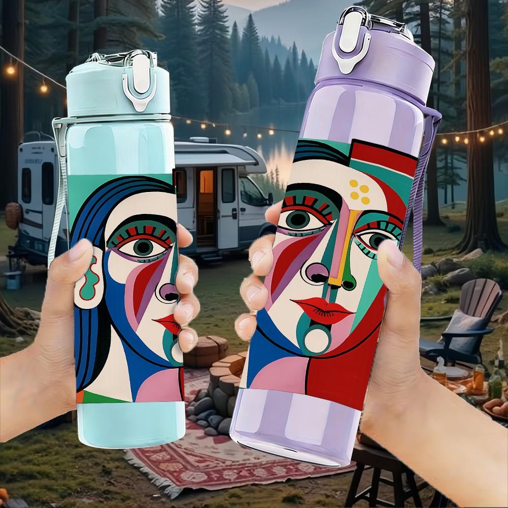 1PC Picasso Style Abstract Lady Print 750ml Color Plastic Sports Water Bottle Leakproof Flip Straw Lid Suitable for Sports Office Home Use