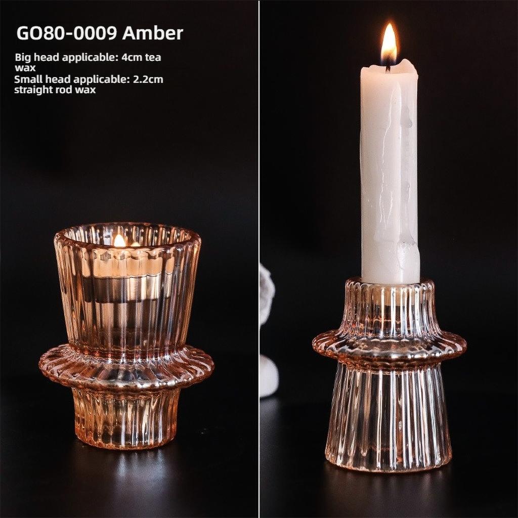 Clear Small Glass Candle Holder for Dining Table - Transparent Desktop Centerpiece Decor, Modern Table Design Candlesticks