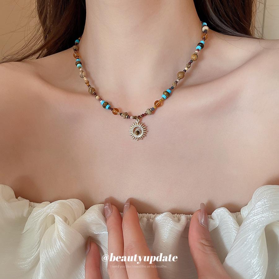 Natural Stone Sunflower Beaded Necklace with Titanium Steel Chain - Chinese Retro Light Luxury for Women