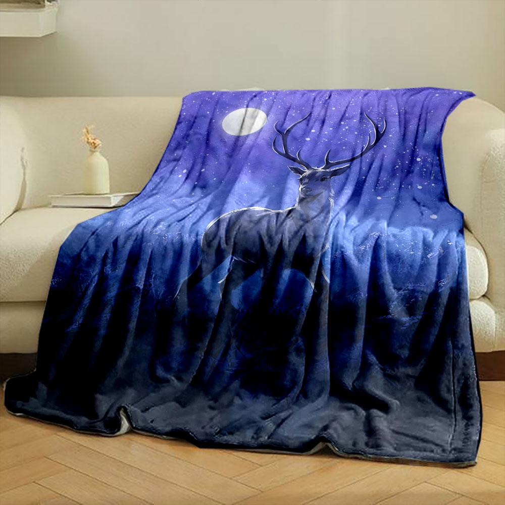 A Stag Stands In a Moonlit, Snowy, and Serene Nighttime Setting. for All Seasons Blanket Lunch Break Throw Gift