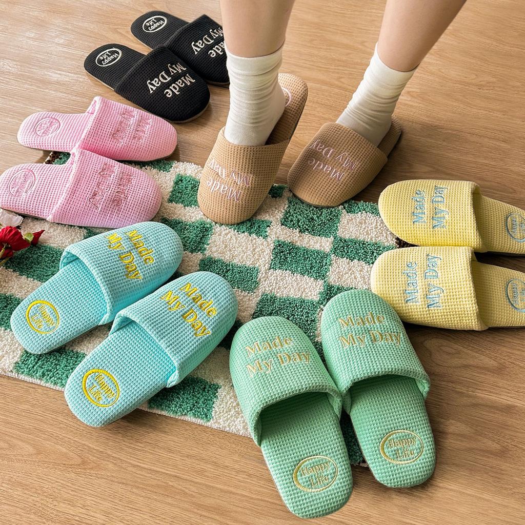 Fashion Made My Day Household Slippers Embroidered Cotton Slippers Quiet High Sense Spring and Summer Lightweight Couple Women's Flats
