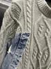 2024 Autumn Korean Loose-Fit Sweater: Round Neck, Long Sleeve, Denim Splicing Design