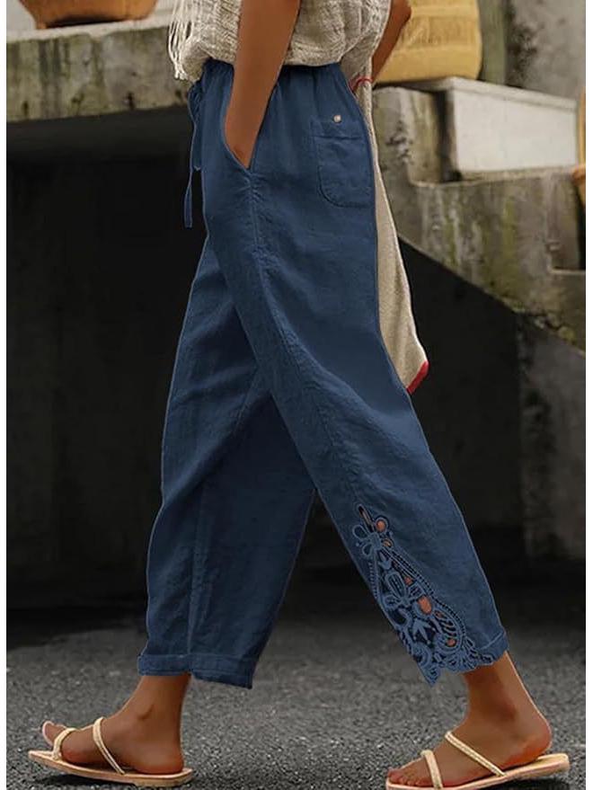 Autumn Lace Patchwork High-Waist Drawstring Cropped Casual Pants with Pockets 2025