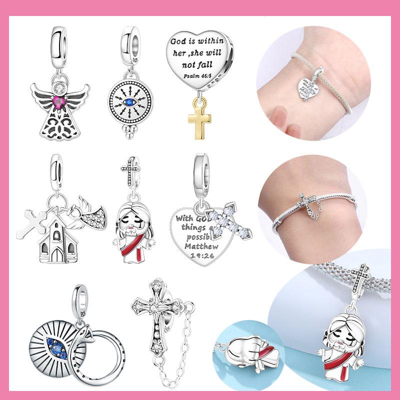 Copper Religious Series Jesus Church Angel Cross Demon Eye Charms Beads For Original Bracelet Woman Girl Jewelry