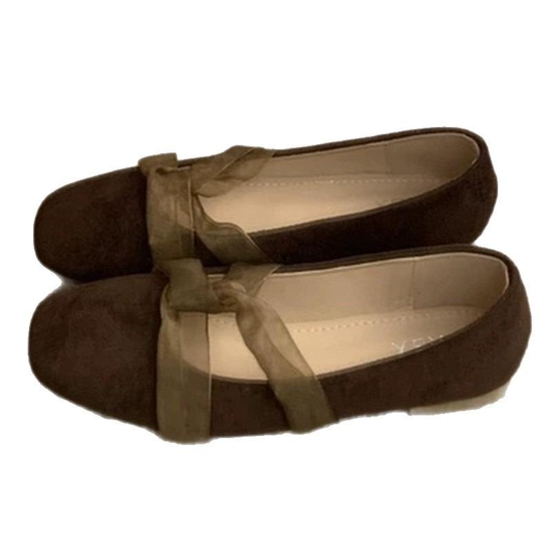 Flat bottom gentle wind evening shoes lace cross belt shallow mouth square head suede versatile commuter ballet single shoes women