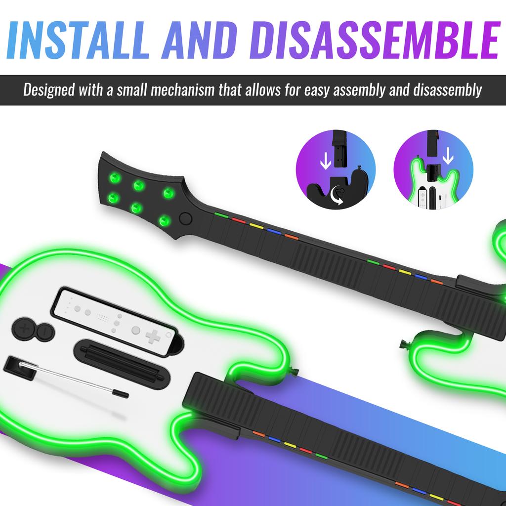 Wireless Guitar Controller for Wii Remote Support Guitar Hero and Rock Band 2 Wii U Games with Strap & RGB Light W001