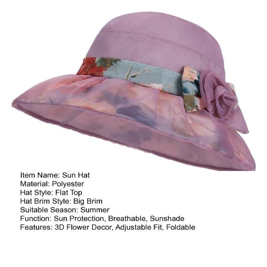 Women Sun Hat Mesh Yarn Wide Brim 3D Flower Decor Bucket Hat Outdoor UV Protection Beach Cycling Basin Hat