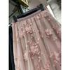 Women's High-End Pink 3D Embroidered Mesh Skirt - Summer High-Waist Slimming Midi Skirt