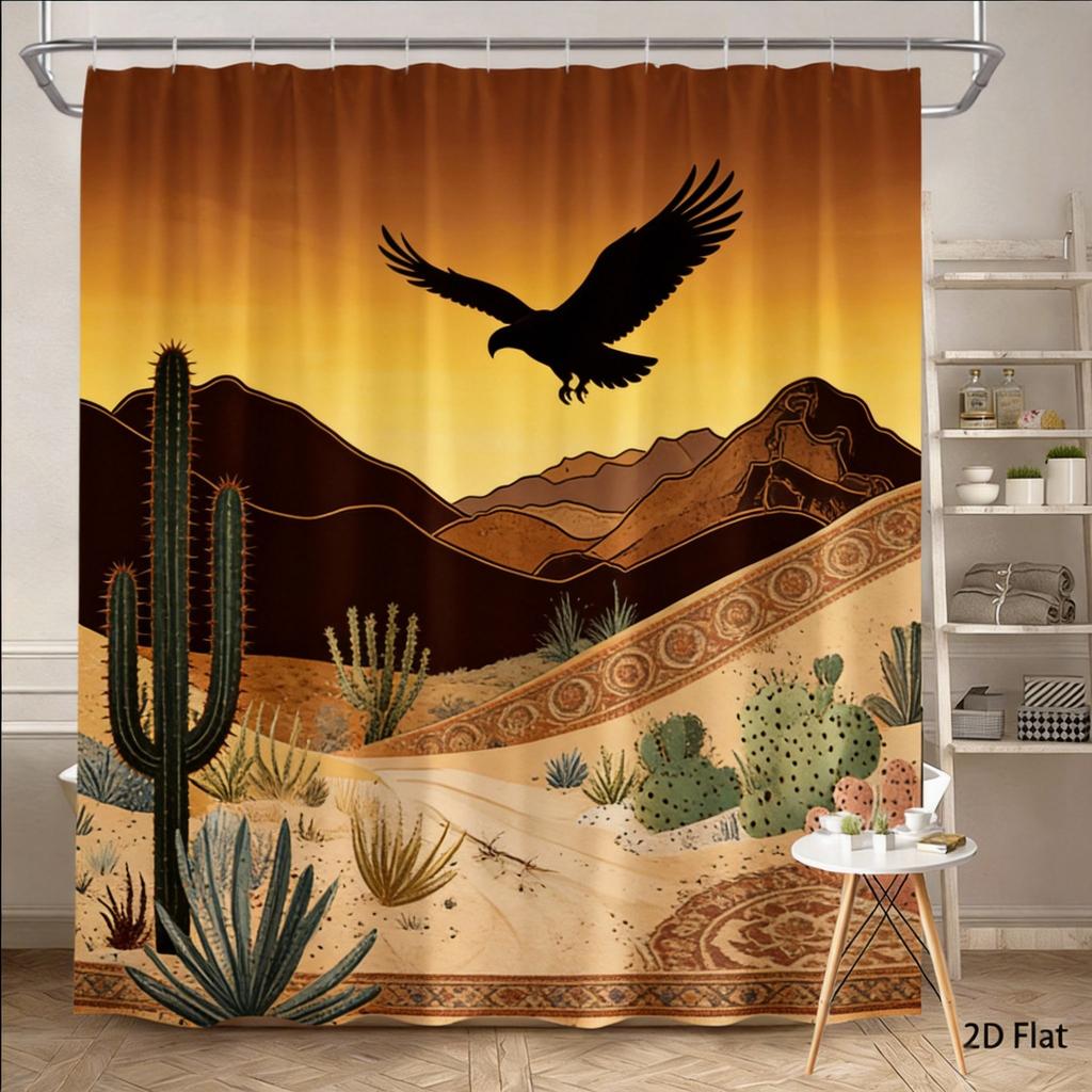 Cactus Shower Curtain 180x180cm – Desert Mountain Scene with Vibrant Flora, Southwestern Bathroom Decor, 12 Hooks