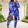 Women Plus Size Red Floral Printed Three Piece Set Long Sleeve Open Front Cardigan Crop Top Long Pants
