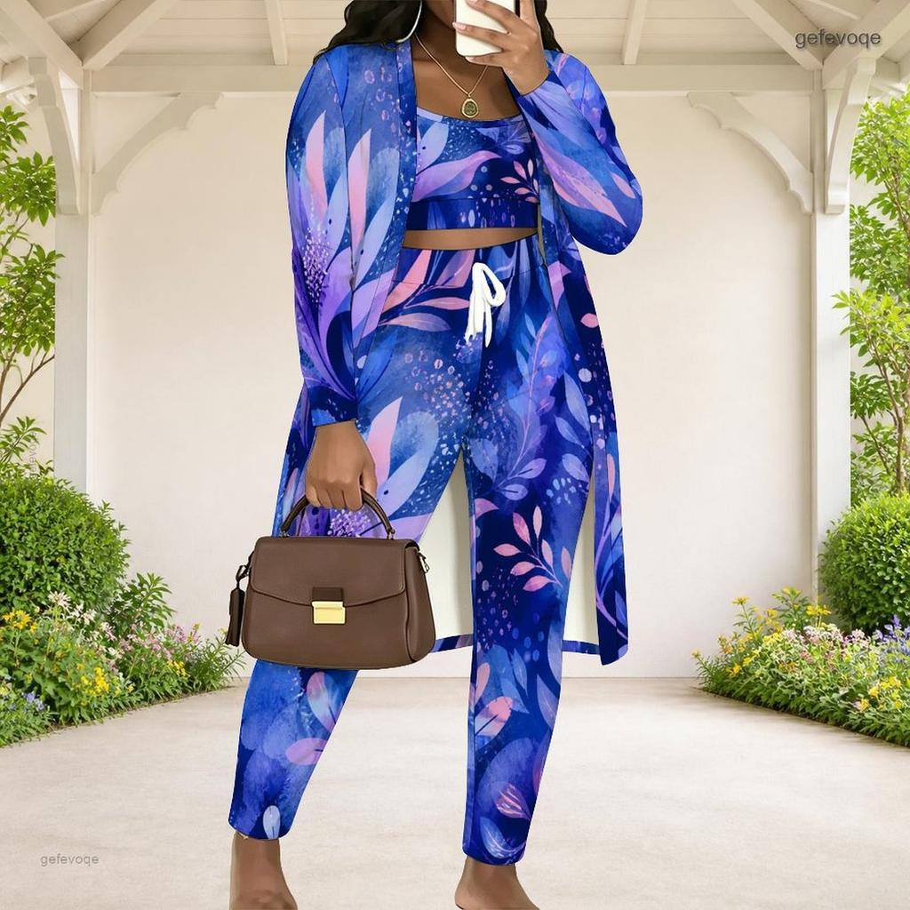Women Plus Size Red Floral Printed Three Piece Set Long Sleeve Open Front Cardigan Crop Top Long Pants