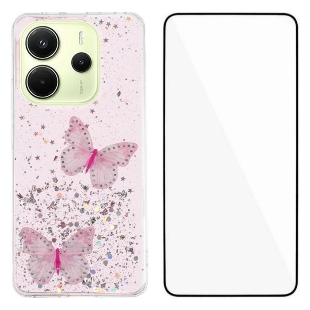 For Xiaomi Redmi Note 14 4G (163.25x76.55x8.16mm) TPU Case WANLONFENG AW Series PVC Butterfly Epoxy Phone Cover with HD Film
