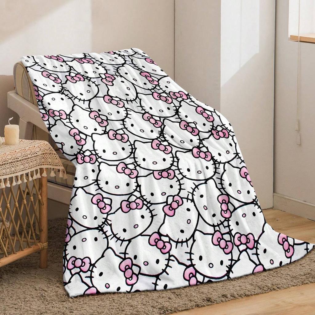 1pc Hello Kitty Flannel Blanket 2D Print Soft Warm Throw for Bedroom Living Room Camping Cozy Home Decor Cute Cartoon Blanket