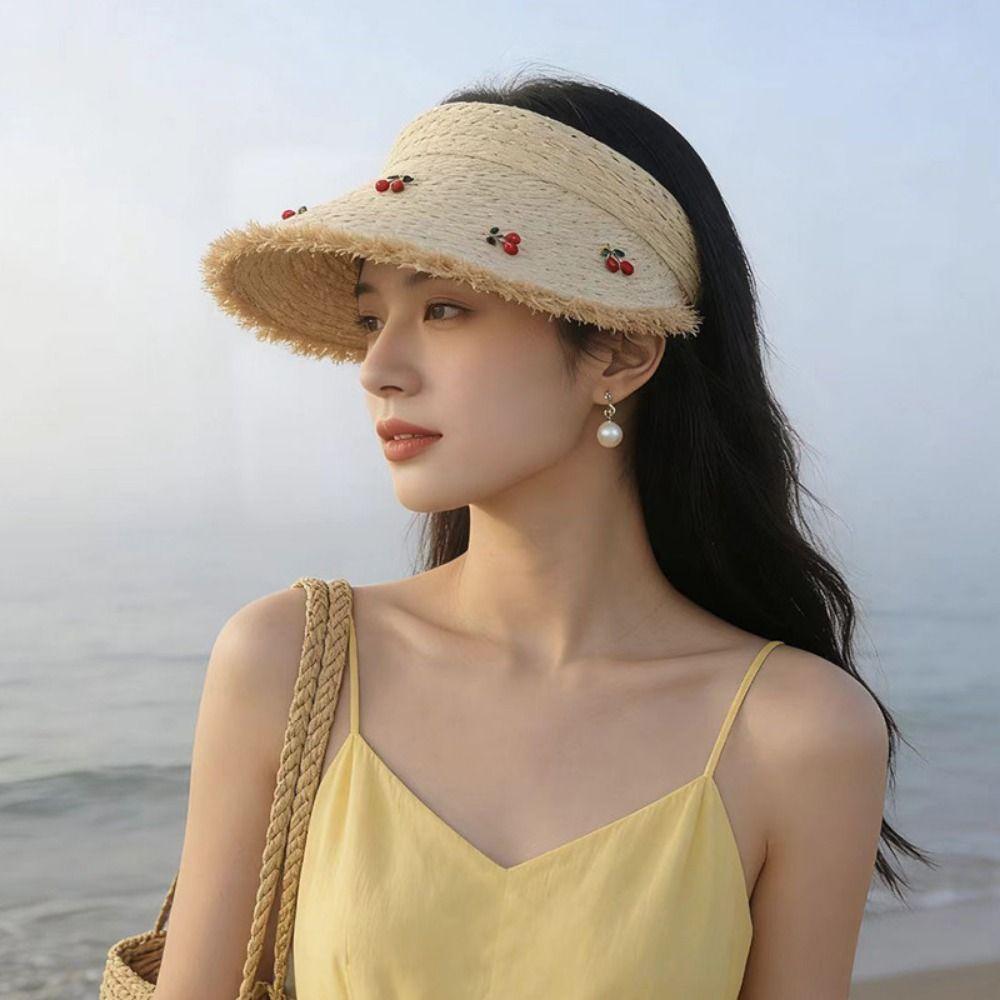 Dopamine Cherry Strawberry Sun Hat Beige Khaki Headband-style Open-crown Straw Hat Breathable Sunscreen Sunshade Cap Vacation