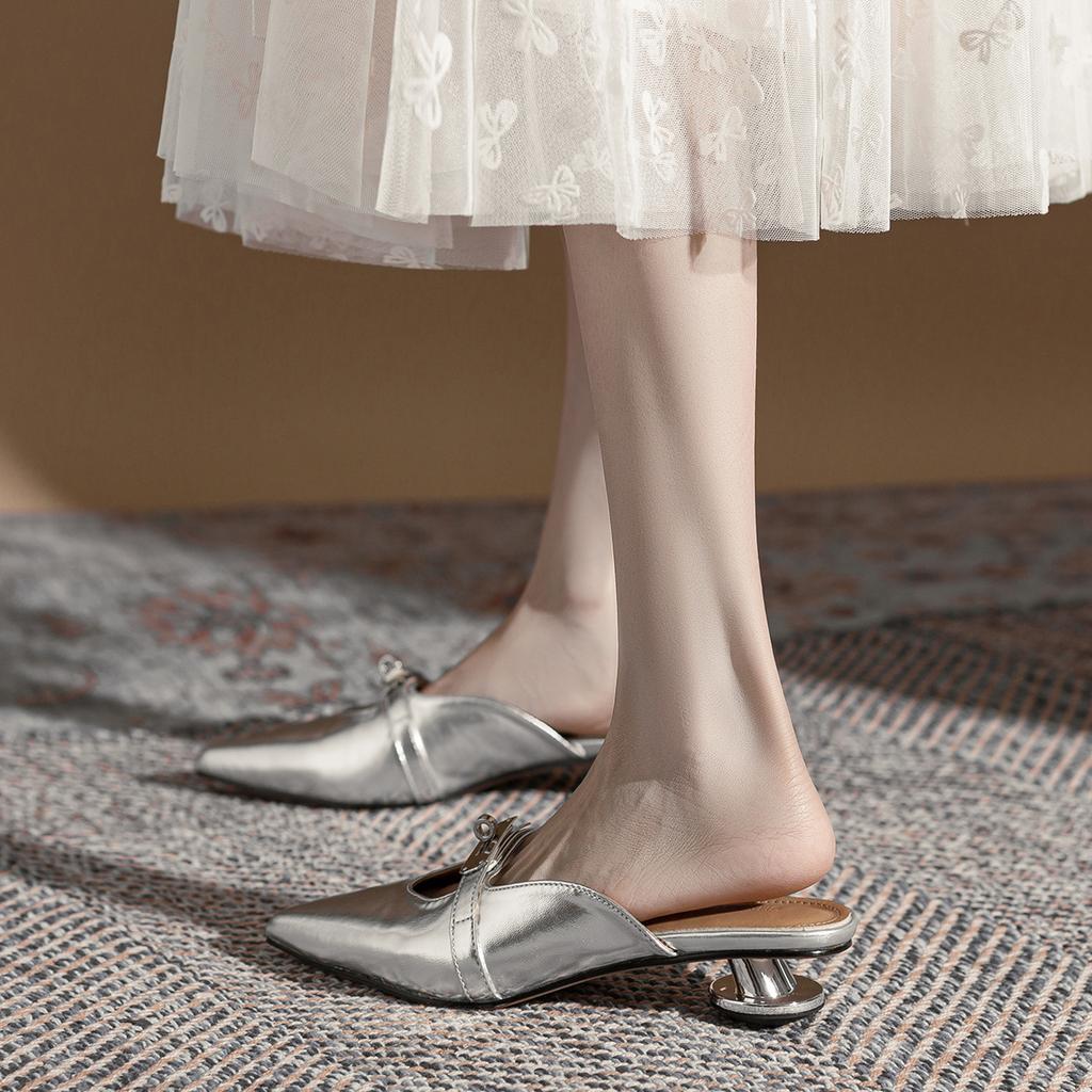 Casual Bag Head Muller Shoes, New Low-heeled Pointed Shoes In Spring and Summer, Women's Silver Single Shoes, Sandals Outside