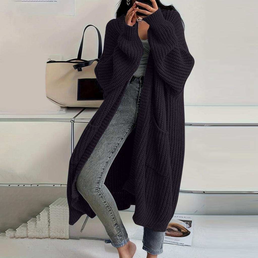 Women's Solid Color Long Sleeved Knee Length Knitted Cardigan, Lazy Trend, Medium Long Hair Jacket