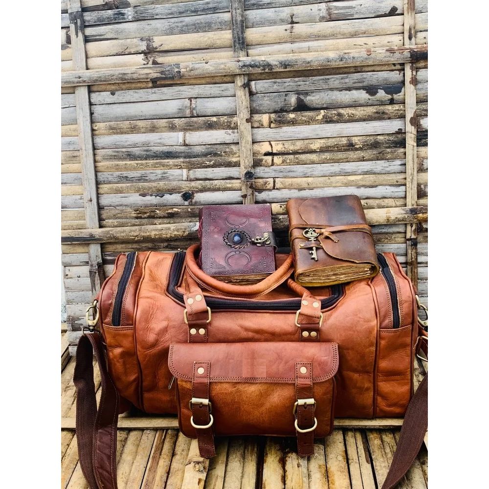 Leather Brown Gym Duffel Travel Luggage Men's Bag Vintage Handmade Leather Bag  ( Free Leather 2 Diary Size - 7 X 5 In )