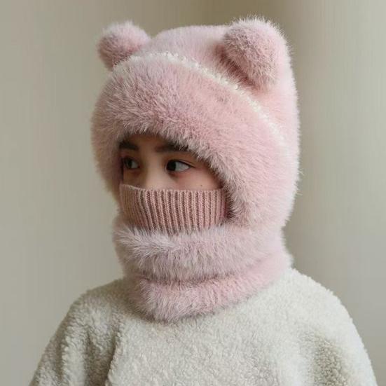 Children Hat with Face Guard Double Plush Ball Decor Solid Color Windproof Ear Protection Baby Hat Woolen Knitted Hat