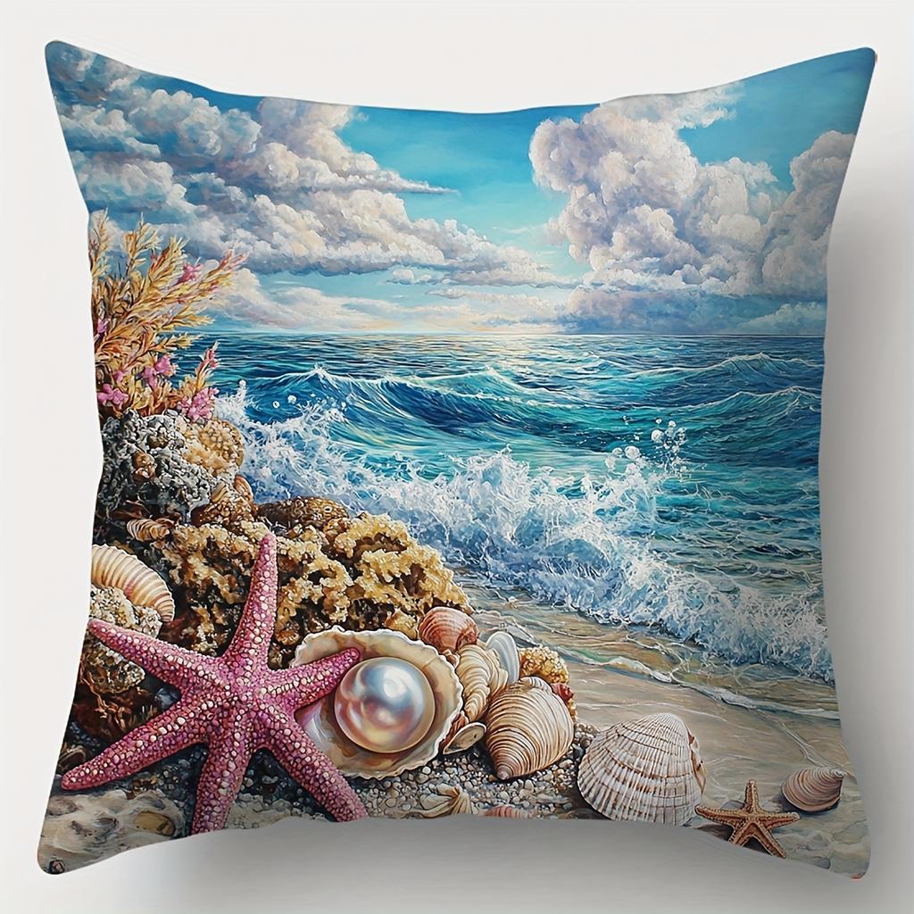 4-piece Summer Beach Pillowcase Set - Featuring Seahorse, Starfish, and Seashell Patterns, Suitable for Sofas, Cars and Bedrooms