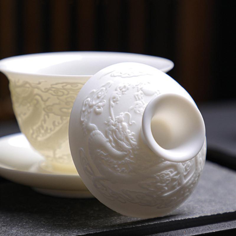 140ml Chinese Ceramic Gaiwan Teacup Handmade Three-dimensional Relief Dragon Tea Tureen White Porcelain Tea Bowl Teaware
