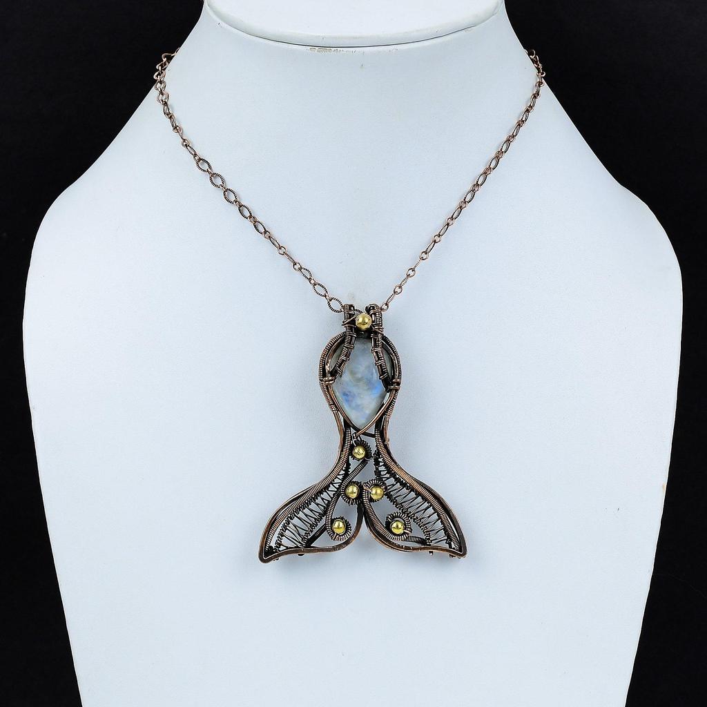 Rainbow Moonstone Pendant Copper Wire Wrapped Gemstone Pendant Fabulous Fish Pendant Handmade Copper Jewelry Designer Pendant Wedding Gifts