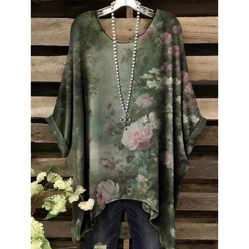 Boho Floralprint Damen T-Shirt Einfaches Vintage Unregelmäßiger Saum Rundhals T-Shirt Modische und Vielseitige Damenbekleidung
