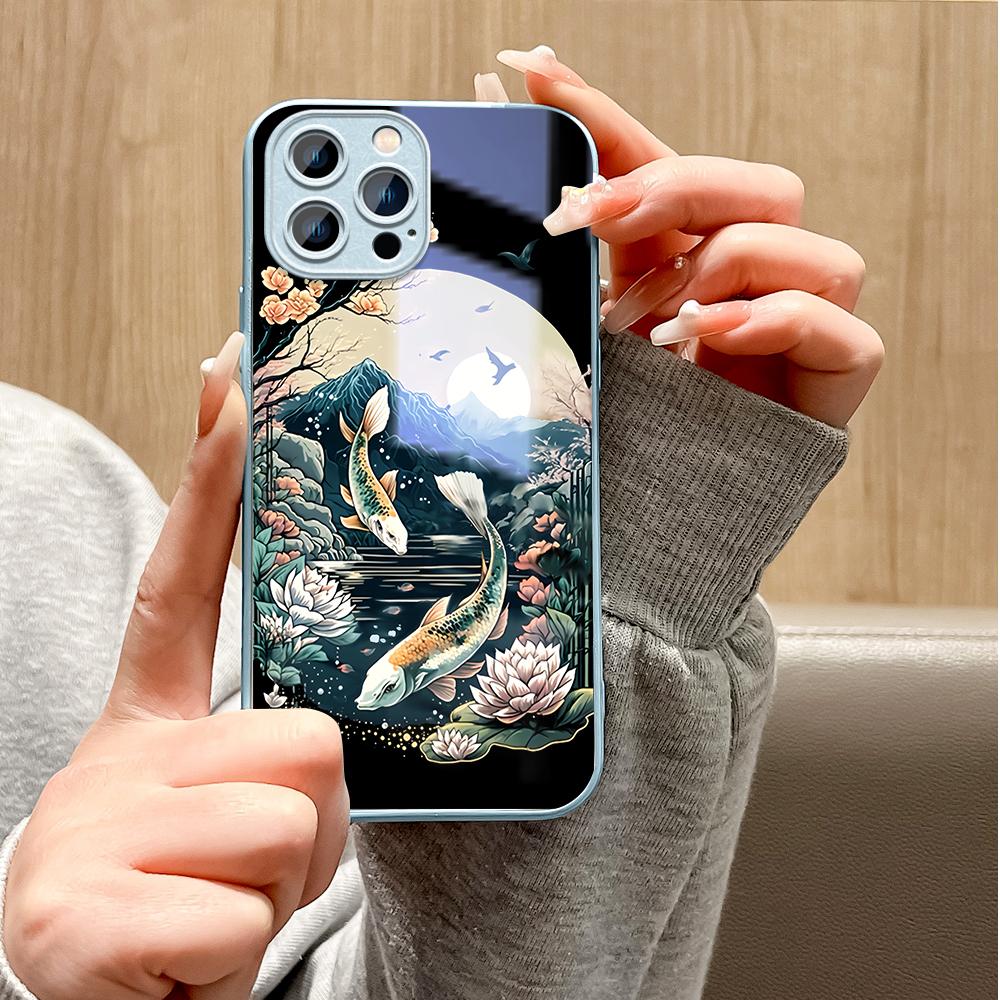 LotusFlower Goldfish Phone Case Metallic Lacquer Tempered Glass Shockproof Cover for Huawei Honor iPhone OPPO Realme OnePlus Xiaomi Redmi Samsung Vivo