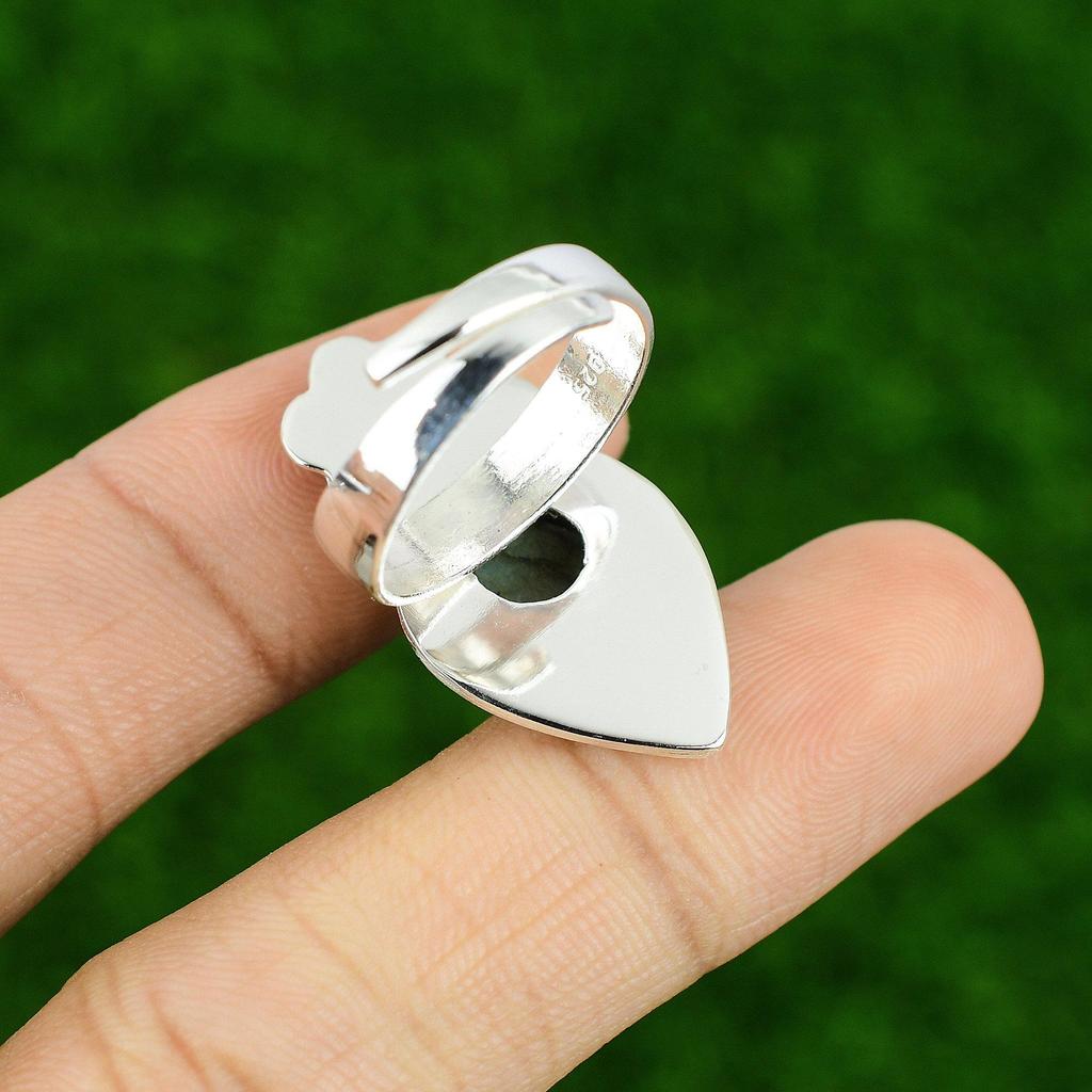 Natural Labradorite Gemstone Statement Flower Adjustable Ring 925 Silver