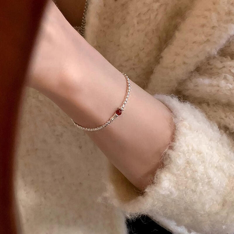 Meling 925 Silver Point Red Ball Pendant Silver Bracelet F32