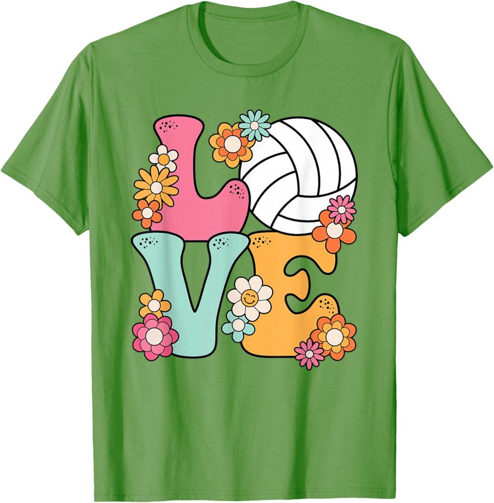 Volleyball Love Retro Flowers Graphic Tee Women Girls Casual Short Sleeve T-Shirt