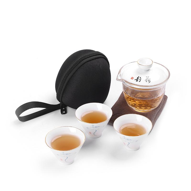 White Porcelain Kuaike Cup One Pot Three Cups Portable Travel Bag Tea Set Cup Bag Glass Fair Cup Ceramic Cover