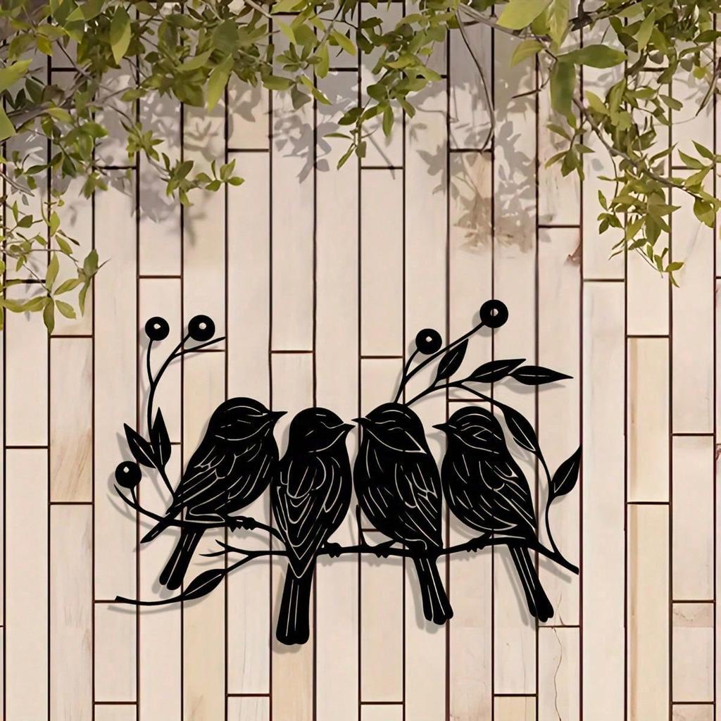 Vintage Iron Bird Branch Wall Art, 5 Birds & Berries Black Silhouette for Home Garden Balcony Decor