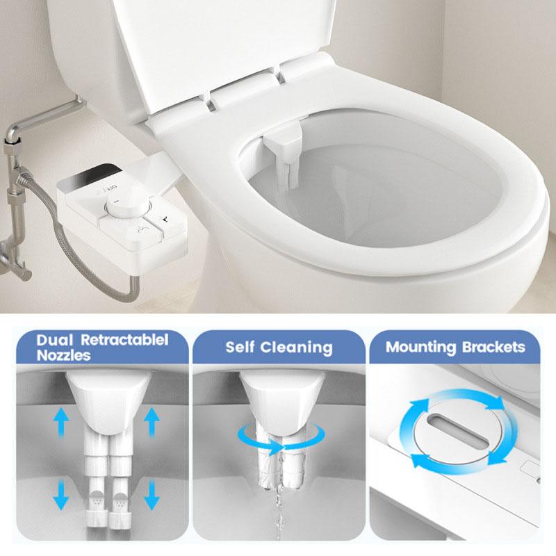 White Adjustable Water Pressure Ass Sprayer Bidet Sprayer Attachment Ultra-Slim Toilet Seat Attachment Dual Nozzle Bide
