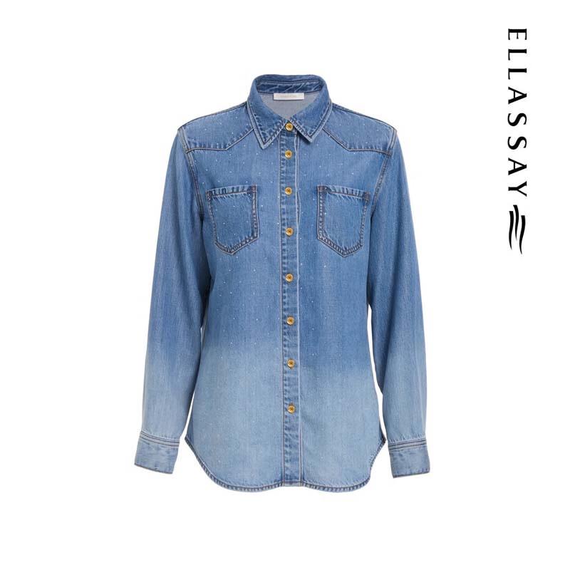 ELLASSAY Women's Lyocell Denim Rhinestone Shirt