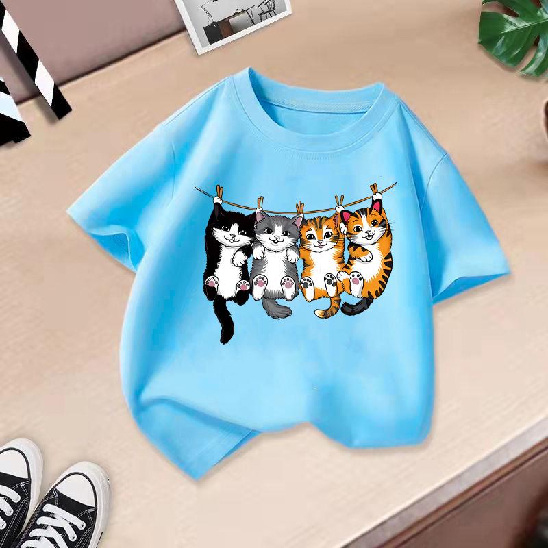 Dětské tričko s potiskem kočky Dětské 100% bavlněné oblečení Topy 2-13Y Volný střih Ležérní Kulatý výstřih Krátký rukáv