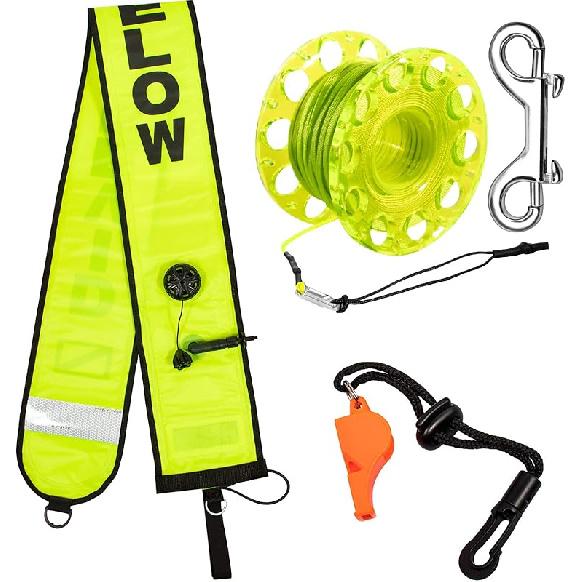 5ft Scuba Diving Surface Marker Buoy (SMB), Safety Sausage with Plastic 98ft Finger Spool Reel and Double Ended Hook Clip + Emergency Whistle for