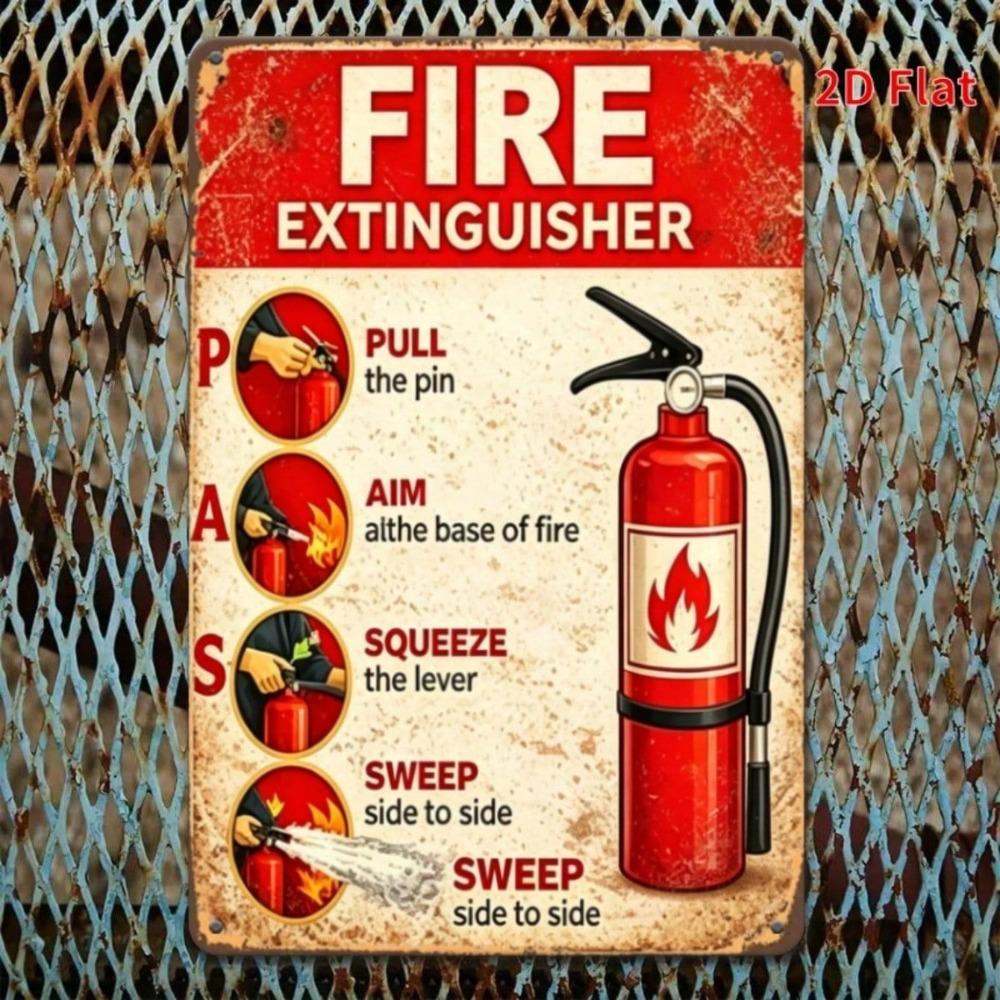 Vintage Fire Extinguisher PAS Metal Tin Sign, Pull Aim Squeeze Sweep Plaque, Retro Garage Wall Decor
