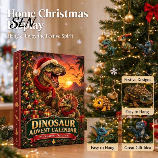Acrylic Dinosaur Ornaments Christmas Countdown Calendar, 24Pcs Ornament Set with Cute Gift for Lovers Dino Designs, Holiday Tree Hanging Decor