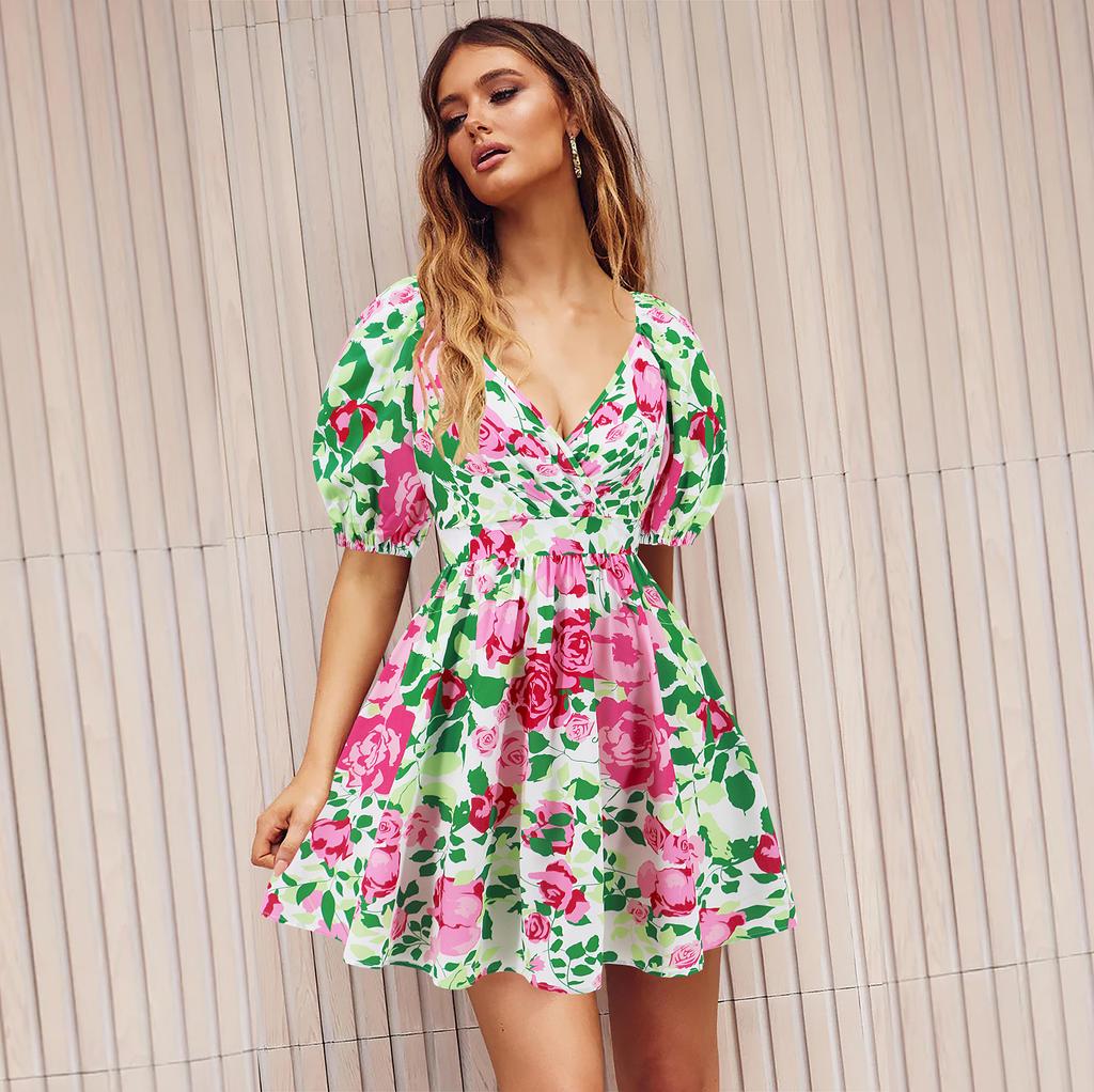 Summer New Style V-neck Printed Beach Skirt Lantern Sleeve Short Dress