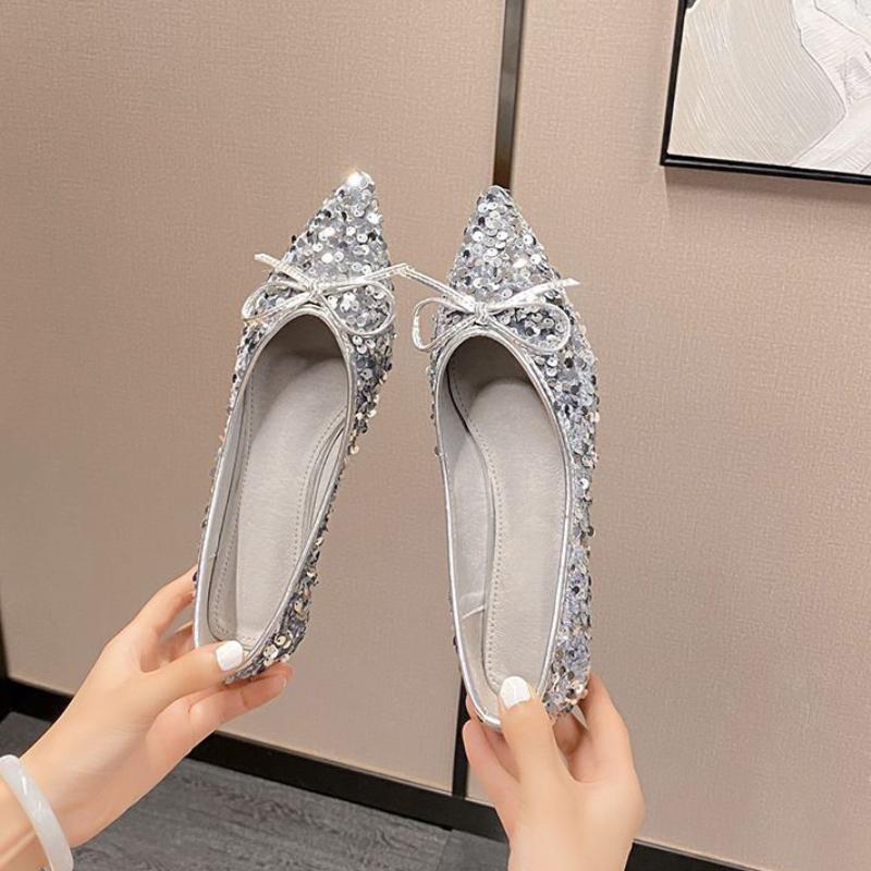 Fashion Sequins With Bow Slip-on Woman Flats Quick Delivery Young Trend 2025 Casual Chic and Elegant Summer Pointed Toe Shoes for Women
