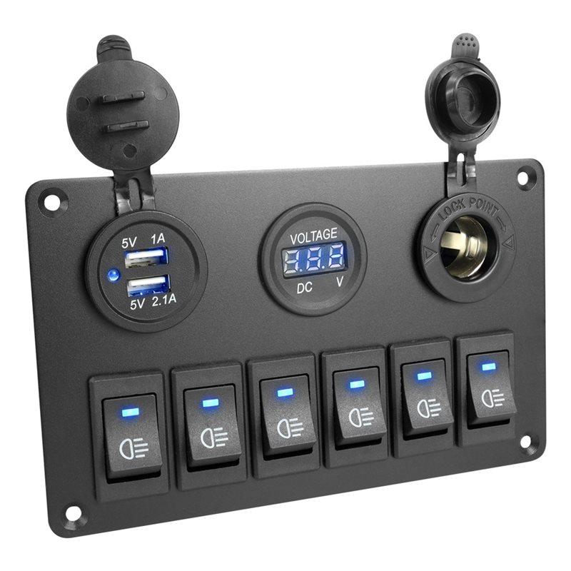 Versatile LED Digital Voltmeter 6 Gang Rocker Switch Panel Waterproof Car Marine Circuit Breaker Dual USB Port On/OFF DC 12V